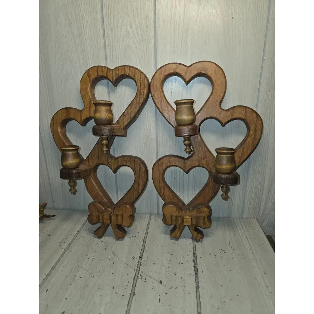 Vtg 1980s Triple Heart Wood Wall Sconces Handmade Set Of 2 Cottagecore Heritage